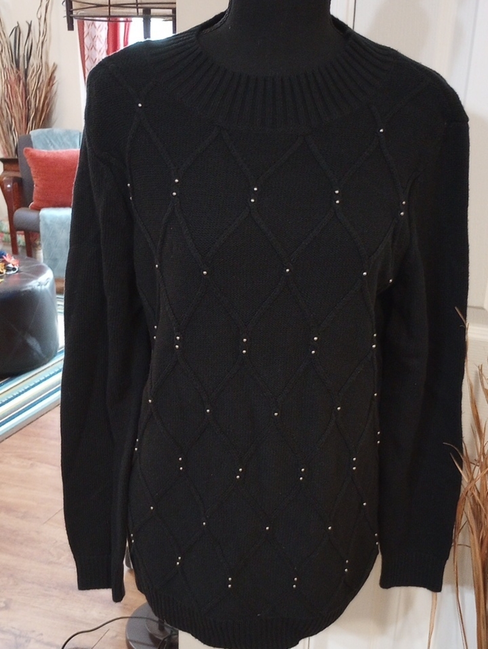 Karen Scott Black Diamond-Knit Crewneck Sweater with Stud Accents